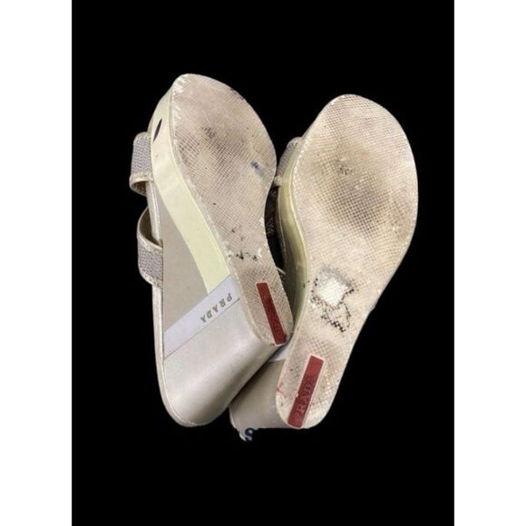 Prada Metallic Gold Leather Mesh Open Toe Slip-on Wedge Sandals - Picture 6 of 9